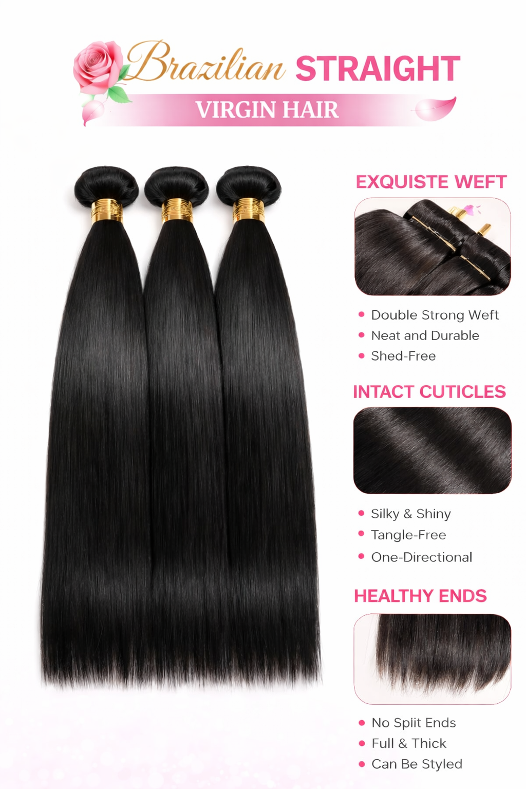 Build Your Own 3 Bundle Deal – Brazilian Straight Virgin Hair
